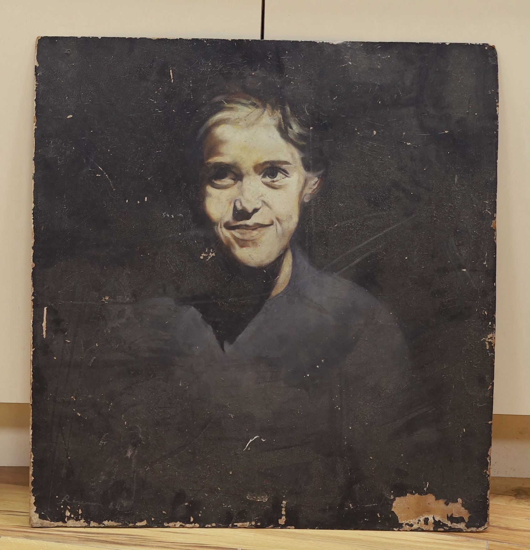 Patrick Rixson, oil on board, Portrait of a smiling woman, signed and dated '64, 73 x 68cm, unframed